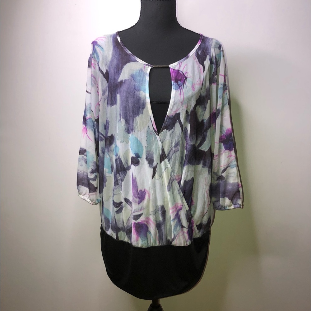 Jennifer Lopez Purple, White and Blue Floral Watercolor Large Blouse
